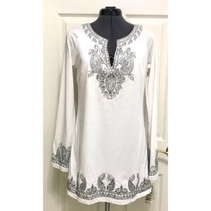 INC International Concepts White Tunic with Gray Embroidery